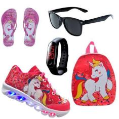 Imagem de Kit Tênis De Led Infantil Menina Feminino Unicórnio + Chinelo + Mochil