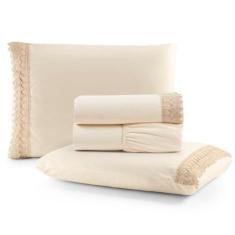 Imagem de Jogo Cama Lençol Haia King Percal 200 Fios 100% Algodão Guipir Bordado Inglês 4 Peças - Palha