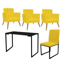 Imagem de Kit Escritório Stan 3 Poltronas Maria com Cadeira e Mesa Industrial Tampo Preto Corino Amarelo - Ahz Móveis