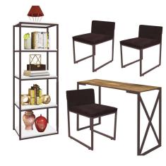 Imagem de Kit Escritório Bex 3 Cadeiras Suede Marrom com 1 Mesa e 1 Livreiro Ferro Marrom MDF Freijó - Ahazzo Móveis