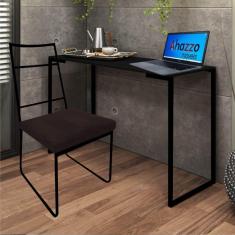 Imagem de Kit Escritório Stark Cadeira e Mesa Industrial Ferro Preto Tampo MDF Preto Corino Marrom - Ahz Móveis