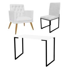Imagem de Kit Escritório Stan Poltrona Maria com Cadeira e Mesa Industrial Branco Preto Corino Branco - Ahz Móveis