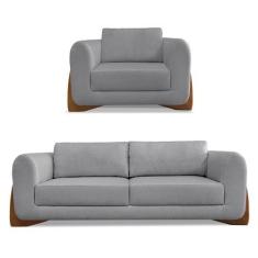 Imagem de Kit Poltrona e Sofá Living 2 Lugares 1,60m Lottus Linho Grafite Pés Ca