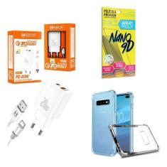 Imagem de Kit Carregador Turbo 20W + Capinha Samsung S10 Plus + Película de Cerâ