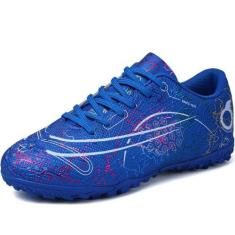 Imagem de DISRATEBLU Sapatos de futebol para crianças, meninos, meninas, tênis de treinamento de futebol juvenil, terreno firme, grama atlética, uso ao ar livre, tênis de futebol profissional, Azul, 16