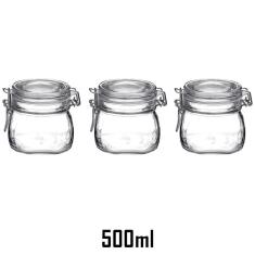 Imagem de 3 Potes De Vidro Hermético Quadrado De 500Ml Fido Rocco Bormioli Transparente Com Tampa