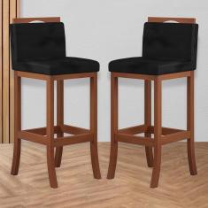 Imagem de Kit 2 Banquetas Média Encosto Estofado 38x92 Cm Ilha Turim Madeira Maciça Castanho Suede Preto ccs