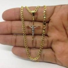 Imagem de Cordão Masculino Folheada Ouro 18k Grumet Crucifixo 70cm 3mm