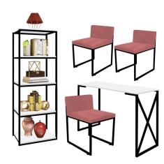 Imagem de Kit Escritório Bex 3 Cadeiras Suede Rose com 1 Mesa e 1 Livreiro Ferro Preto MDF Branco - Ahazzo Móveis
