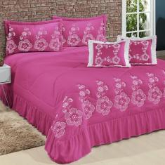 Imagem de Kit Cobre Leito Casal Super King Amore 07 Peças Bordadas - Pink