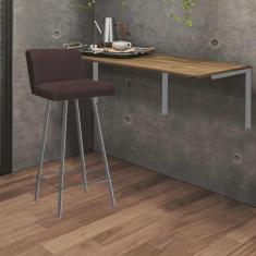 Imagem de Kit Mesa Suspensa de Parede Fixa mdf Castanho + 1 Banqueta Lexi Ferro Prata Suede Marrom - Ahazzo Móveis