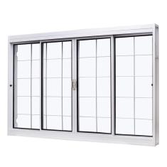 Imagem de Janela de Aço de Correr Central 100x200cm 4 Folhas com Grade Quadriculada e Vidro Liso Qualitysol  Ramassol Branco