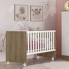 Imagem de Berço Reto Doce Sonho 3540 com Rodízios e Colchão 130x60  Carvalho Rustico/Branco