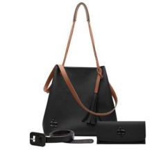 Imagem de Bolsa Preta Feminina Sacola De Ombro Estilo Moderno Reforçada Alça Transversal + Carteira + Cinto-Feminino