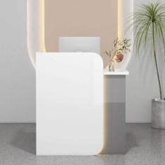 Imagem de Mesa de recepção com balcão, excelente economia de espaço, balcão frontal com gaveta com trava, mesa de escritório em casa, para salão, recepção, saguão, salão de beleza, escritório, branco, cinza,