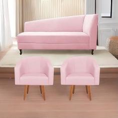 Imagem de Kit Diva Recamier Heitor 140cm Lado Esquerdo e 02 Poltronas Luiza Suede Rosa bebê - Amarena Móveis