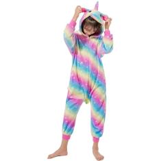 Imagem de Unicórnio Estrelas Rosa Amarelo E Azul Infantil Pijama Kigurumi Macacão Fantasia
