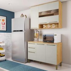 Imagem de Cozinha Modulada Compacta 2 Peças 6 Portas 2 Gavetas com Tampo e Vidro Reflecta 100% Mdf Itália Espr Amêndoa/Off White