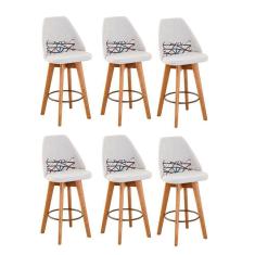 Imagem de Kit 06 Banquetas Alta Maya Giratória Com Encosto Linho Bege Claro e Almofada Linhas Coloridas - Aurora Line