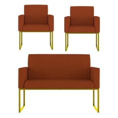 Imagem de Kit Sofá 2 Lugares + 2 Poltronas Recepção Sala Base Dourada Cor:terracota Terracota