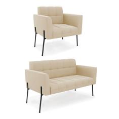 Imagem de Sofá Namoradeira E Poltrona Pé De Ferro Preto Para Sala Elisa Suede D03 - D'rossi Cor Bege