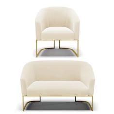 Imagem de Sofá Namoradeira e Poltrona Base Industrial Dourado Stella Veludo Bege D03 - D'Rossi