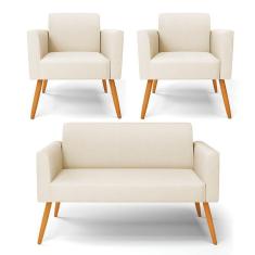 Imagem de Sofá Namoradeira Com 2 Poltronas Pés Palito Castanho Marisa Linho Bege A19 D03 - D'rossi