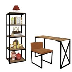 Imagem de Kit Escritório Bex 1 Cadeira Suede Terracota com 1 Mesa e 1 Livreiro Ferro Preto MDF Carvalho - Ahazzo Móveis