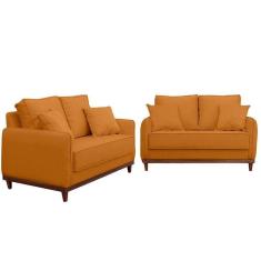 Imagem de Kit Sofa Sena 2 E 3 Lugares Base De Madeira Para Sala Hotel Linho Terra Cota