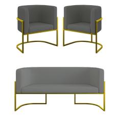 Imagem de Kit 2 Cadeiras Poltronas + Sofá 2 Lugares Base De Metal Veludo Cinza