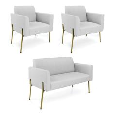 Imagem de Sofá Namoradeira e 2 Poltronas Pé de Ferro Dourado Marisa Linho Cinza D03 - D`Rossi