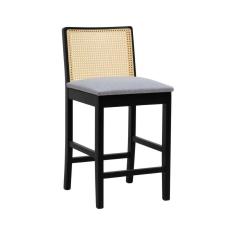 Imagem de Banqueta Média Pérola - Preto Assento Estof. Linho Cinza Mescla Impermeável