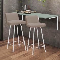 Imagem de Kit Mesa Suspensa de Parede Fixa MDF Verde Oliva + 2 Banquetas Lexi Ferro Branco Sintético Bege - Ahazzo Móveis