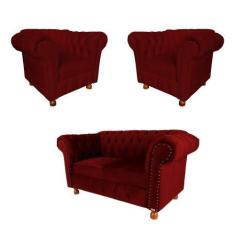 Imagem de Uma Namoradeira + Duas Poltronas Chesterfield Capitonê Luis Xv Suede -