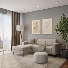 Imagem de Sofá 3 Lugares Calmness Com Chaise Esquerdo Pé Palito Linho Cotton Cru