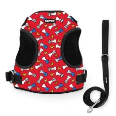 Imagem de Peitoral e coleira para animais de estimação por Romero Britto - ajustável, design colorido de ossos e corações vermelhos em 5 tamanhos - Acessório de caminhada elegante e durável para cães e gatos