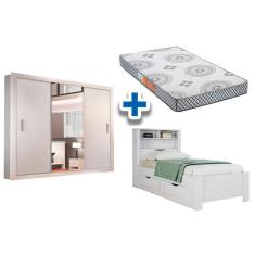 Imagem de Cama Solteiro Invcta + Pérola Polar + Guarda Roupa Veneza Luxo Branco
