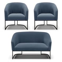 Imagem de Sofá Namoradeira e 2 Poltronas Base Industrial Pto Stella Sued Azul Marinho D03 - D'Rossi