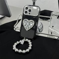 Imagem de Chapeamento pendurado pulseira redonda capa de telefone com janela grande para iPhone 13 Pro Max 14 Plus 12 11 capa de suporte de espelho de coração de diamante, preta, para iPhone 14Pro Max