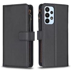 Imagem de Capa com alça de pulso para Samsung Galaxy A23 4G, 9 compartimentos para cartão, 1 carteira de couro com zíper, fecho magnético com suporte, capa para celular compatível com Samsung A23 4G 6,5