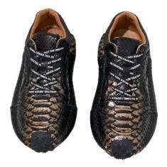 Imagem de Tênis masculino autêntico de couro verdadeiro, casual, preto, dourado, serpentina, couro exótico, masculino, macio, sem cadarço, Preto, dourado, 39