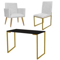 Imagem de Kit Escritório Stan Poltrona com Cadeira e Mesa Industrial Tampo Preto Dourado Corino Branco - Ahz Móveis