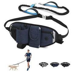 Imagem de Coleira para cães mãos livres com bolsa de cintura para passear com cães pequenos, médios e grandes, correia elástica refletiva com fivela de cinto de segurança de carro e alças acolchoadas duplas,