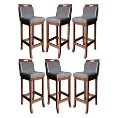 Imagem de Kit 6 Banquetas Média para Cozinha Gourmet Milão Madeira Castanho Suede Cinza CCS