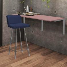 Imagem de Kit Mesa Suspensa de Parede Fixa MDF Rosa + 1 Banqueta Lexi Ferro Cinza Sintético Azul Marinho - Ahazzo Móveis