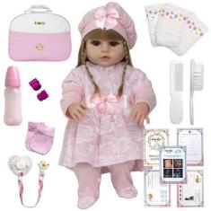 Imagem de Boneca Reborn Silicone Loira Pode Dar Banho Enxoval Completo - Cegonha