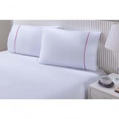 Imagem de Jogo De Cama 100% Algodão Percal 150 Fios Solteiro Gran Moratta 2 Peças Branco E Detalhe Rosa