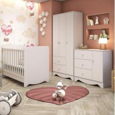 Imagem de Quarto de Bebê Completo com Guarda Roupa Berço 3 em 1 e Cômoda 100% MDF Ben Móveis Peroba Branco Brilho