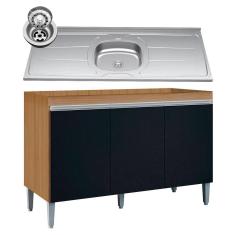 Imagem de Balcão De Cozinha Com Pia Inox 120cm Manu Preto-amêndoa - Ajl Móveis