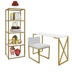 Imagem de Kit Escritório Bex 1 Cadeira Suede Branco com 1 Mesa e 1 Livreiro Ferro Dourado MDF Branco - Ahazzo Móveis